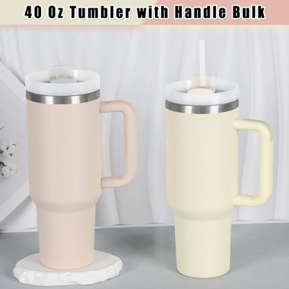 40 Oz Stainless Steel Tumbler with Handle and Straw - Bulk Pack, Color Variation Cream