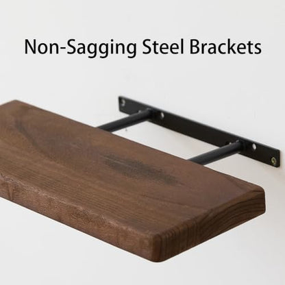 Dark Walnut Wooden Floating Wall Shelves Set of 2 - 15.7 Inch Rustic Storage