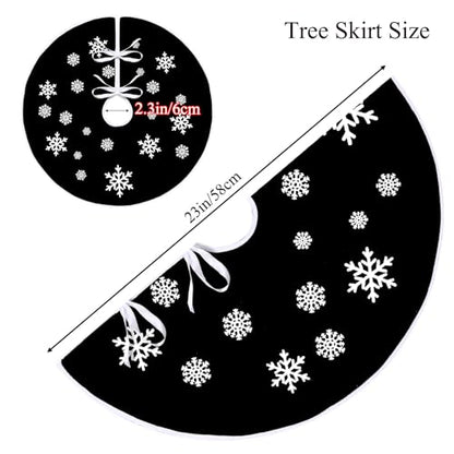 Black Burlap Christmas Tree Skirt with White Snowflakes - 23 Inch