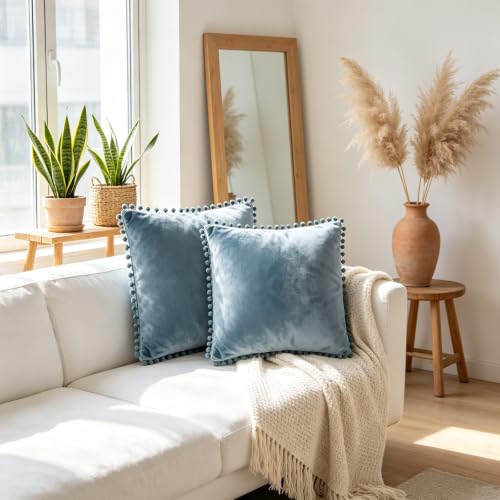 Blue Velvet Pillow Covers 17x17 Inches - 2 Pack Decorative Throw Pillow Cases