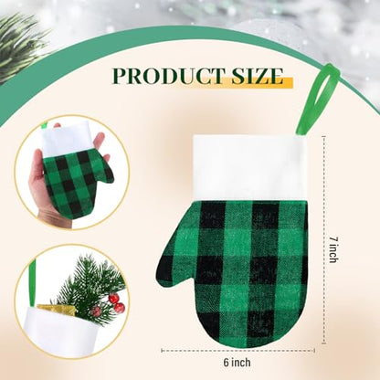Mini Hanging Christmas Stockings Set - Green Black Plaid & White Trim, 12 Pack