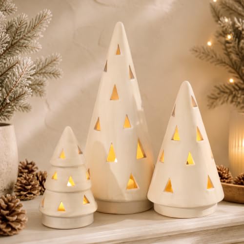 3 Pcs Terracotta Christmas Tree Figurines with LED String Lights - 5.12, 6.69, 9.45 Inches - Rustic Holiday Decor