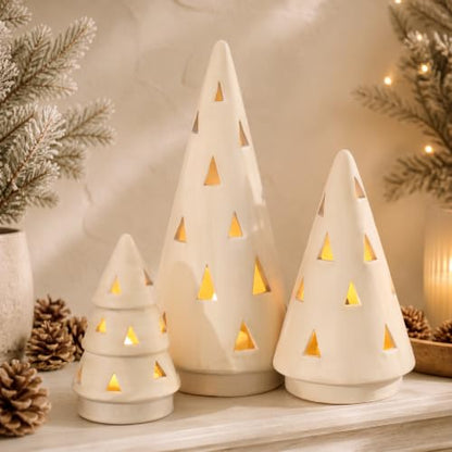 3 Pcs Terracotta Christmas Tree Figurines with LED String Lights - 5.12, 6.69, 9.45 Inches - Rustic Holiday Decor