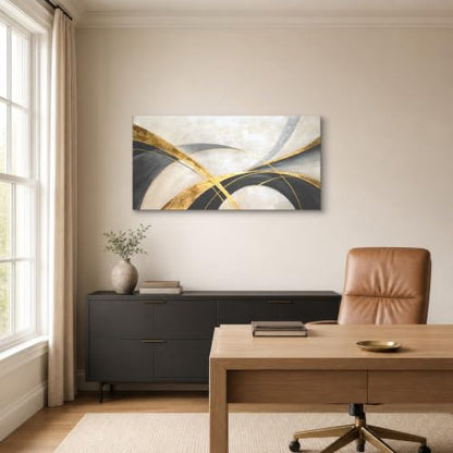 Geometric Abstract Canvas Wall Art - Black, Gold, Gray, Beige - 48 x 24 Inches