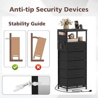 GIANTEX 39" Bedside Table with Integrated Charging Station - Black, 5-Drawer