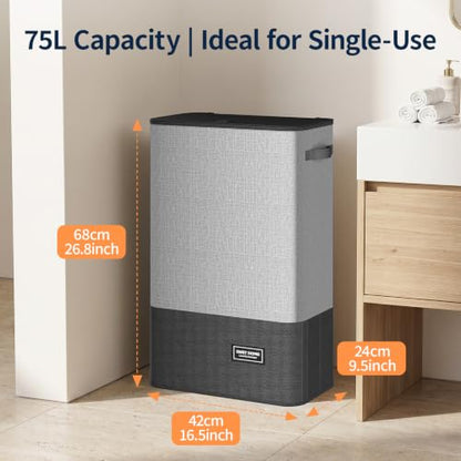 Slim Laundry Hamper with Lid - 75L Black & Gray Space Saver