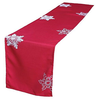 Snowy Noel Table Runner 15 x 72 in - Red Embroidered Snowflakes, Holiday Decor