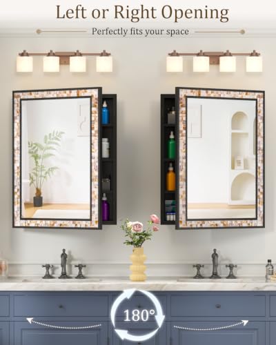 Natural Shell Inlay Bathroom Medicine Cabinet with Mirror - Reversible Wall Mount, 3 Shelves