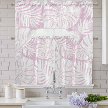Pink Palm Leaves Swag Curtain Set 3 Pieces with Cherry Blossom Pink Variation