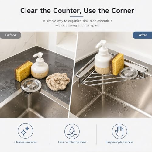 2pcs Stainless Steel Corner Sink Shelf Triangular Open Wire Draining Rack
