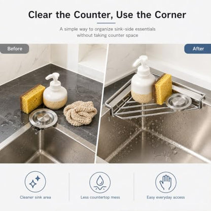 2pcs Stainless Steel Corner Sink Shelf Triangular Open Wire Draining Rack
