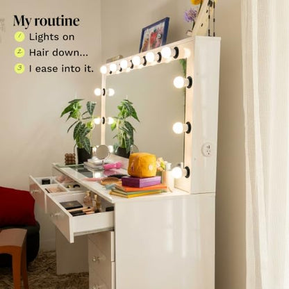 Vanity Desk with Framed Bulb Mirror – 8-Drawer Integrated Makeup Station