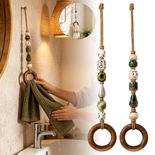 Decorative Beaded Towel Hanger with Wooden Ring, Boho Wall Decor - Mix-2pcs