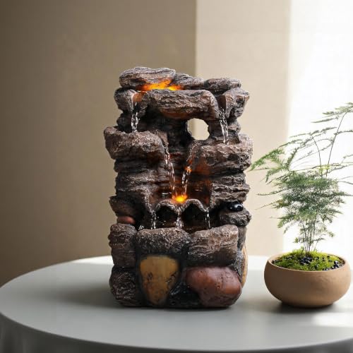 Small Resin Water Fountain with LED Lights - Desktop Indoor Waterfall