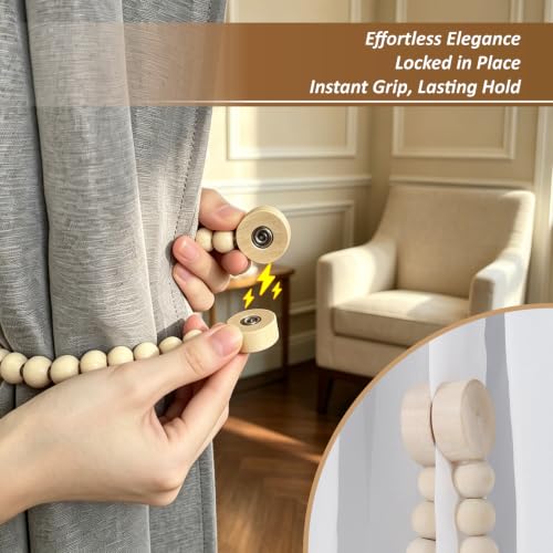 Wood Bead Magnetic Curtain Tiebacks Off White 2 Pack - Boho Farmhouse Decor