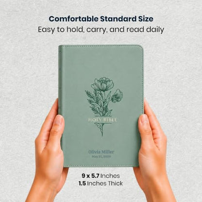 Personalized King James Version Giant Print Bible for Adults - Dusty Green Teal Floral Edition with Name Engraved