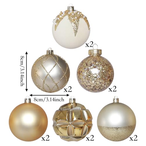 HipTree White Gold Velvet Christmas Tree Baubles 12 Pack - 3.14 Inch