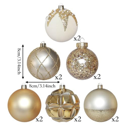 HipTree White Gold Velvet Christmas Tree Baubles 12 Pack - 3.14 Inch