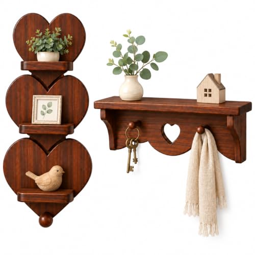 Wooden Heart Wall Shelf Set with Hooks and 3-Tier Display for Bedroom Entryway