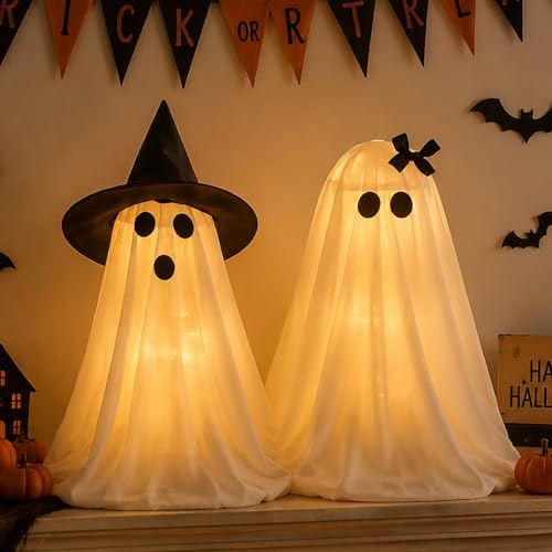 Halloween Ghost Decorations Light-Up Ghosts with Witch Hats Indoor Set