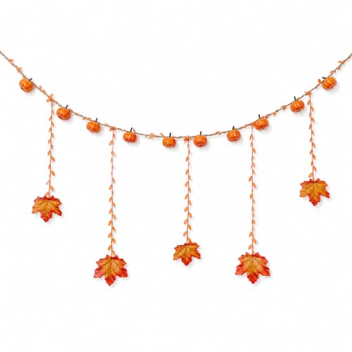 Fall Pumpkin Garland with Hanging Maple Leaves - 6.6 FT Decorative Autumn Decor