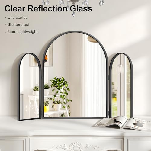 Black Arched Trifold Vanity Mirror 36x24 Inch Wall & Tabletop Makeup Mirror