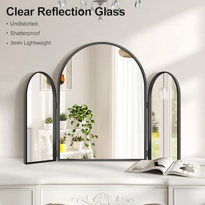 Black Arched Trifold Vanity Mirror 36x24 Inch Wall & Tabletop Makeup Mirror