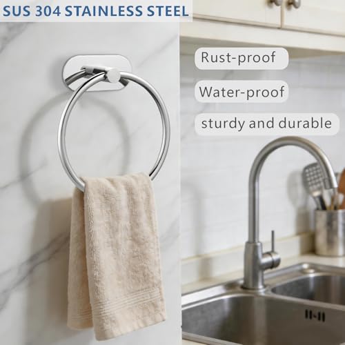 Self-Adhesive Towel Ring - No Drill Stainless Steel Wall Mount Bathroom Kitchen