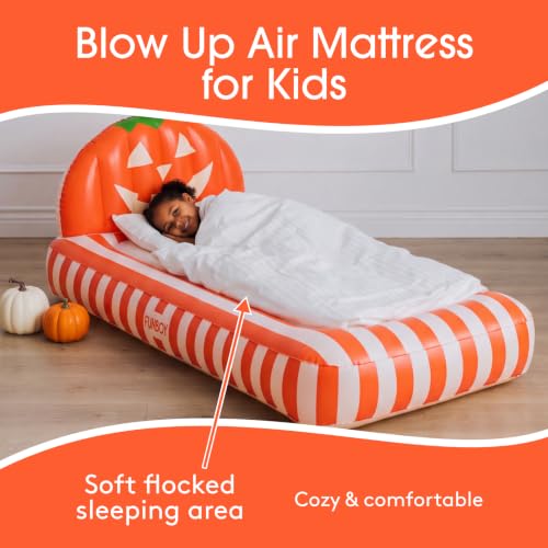 FUNBOY Kids Pumpkin Halloween Inflatable Air Mattress - Supportive & Cozy Sleepover Bed - Orange & White Variation