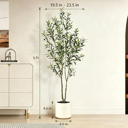 Artificial Olive Tree 5FT with White Planter - Faux Indoor Plant, Green