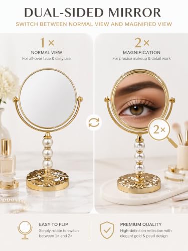 Gold Double Sided Makeup Mirror with 1X & 2X Magnification - Swivel Tabletop Vanity Mirror