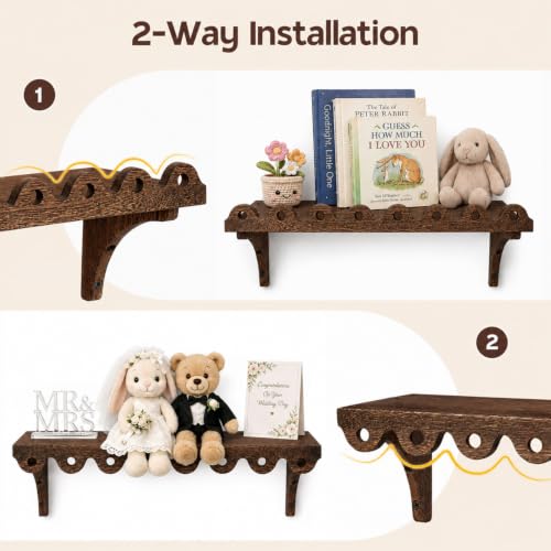 Scalloped Wood Wall Shelves Set of 2 - Rustic Floating Shelves for Living Room Bedroom Kitchen