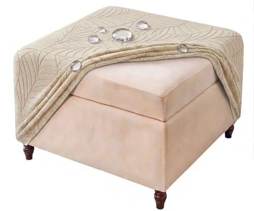 Beige Waterproof Square Ottoman Cover Stretch Jacquard Footstool Slipcover 39x39in