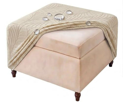Beige Waterproof Square Ottoman Cover Stretch Jacquard Footstool Slipcover 39x39in