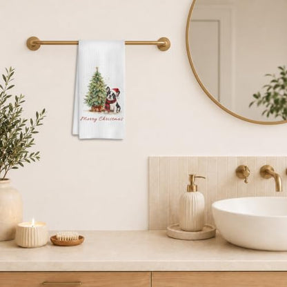 Christmas Tree French Bulldog Kitchen Dish Towels 16x24 Inch - Festive Decor