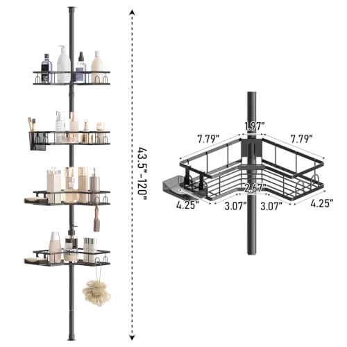 Adjustable Corner Shower Caddy Tension Pole, 4-Tier Bathroom Organizer