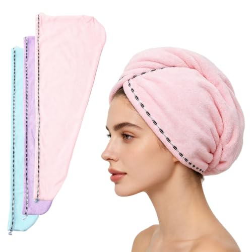 3-Pack Microfiber Hair Towel Wrap Set - Quick Dry, Soft Turbans with Button & Loop - Mix Colors