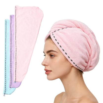 3-Pack Microfiber Hair Towel Wrap Set - Quick Dry, Soft Turbans with Button & Loop - Mix Colors