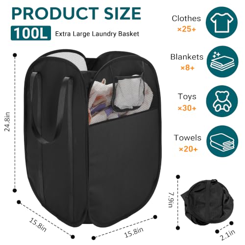 Black Collapsible Laundry Basket 100L with Handles - Foldable Clothes Hamper