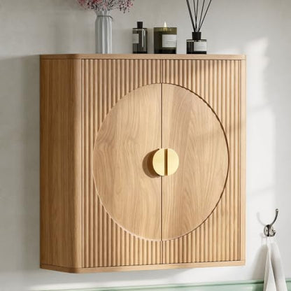 Oak Wall-Mounted Medicine Cabinet with Adjustable Shelves - Bathroom Storage