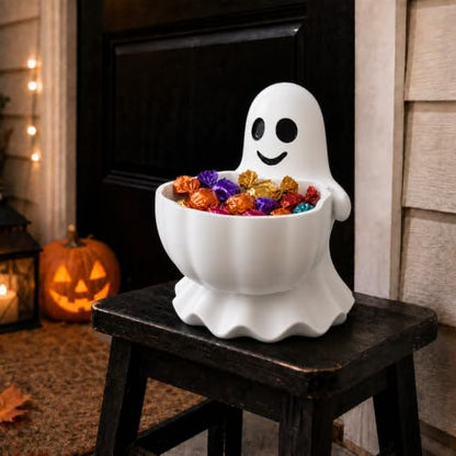 Halloween Ghost Candy Bowl Decor - Durable Resin Snack Holder for Trick-or-Treat