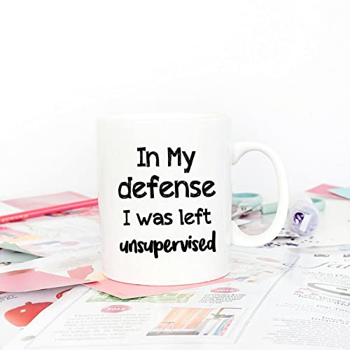 Funny Coffee Mug for Work - Left Unsupervised 11 Oz White Ceramic Gift for Men Women Dad Boss Coworker
