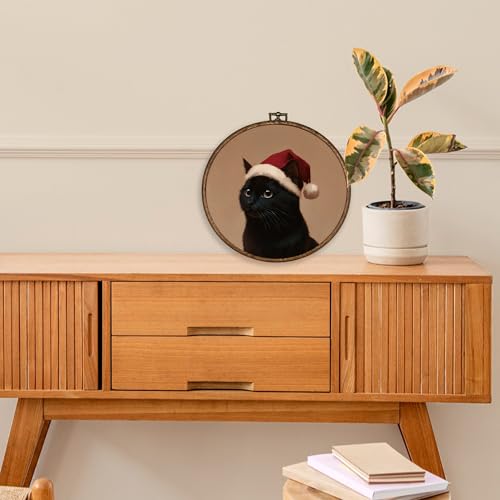 Black Cat Christmas Wall Art Decor - Round Holiday Wall Hanging, 10x10 Inch - Cat Variation