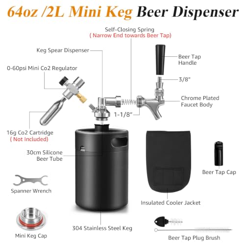 64oz Mini Beer Keg Growler Tap System with Co2 Regulator - Portable & Fresh