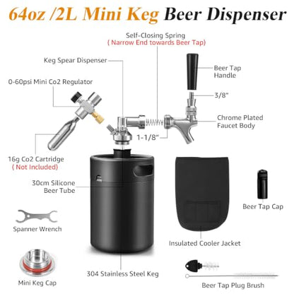 64oz Mini Beer Keg Growler Tap System with Co2 Regulator - Portable & Fresh