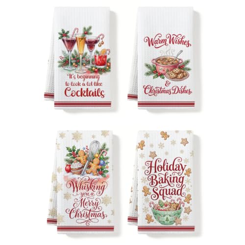 Christmas Kitchen Towels 4 Pack - Multi 1664 Waffle Microfiber Hand Towels