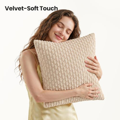 Fall Decorative Throw Pillow Covers 18x18 Inches Set of 4 - Striped Corduroy