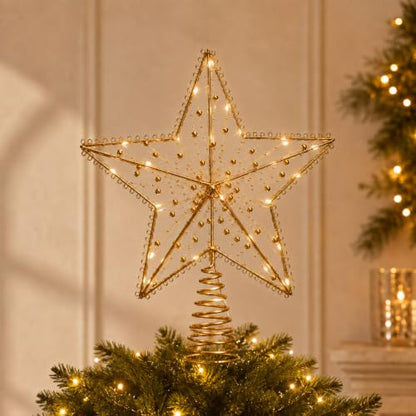 Noiclub Gold Christmas Tree Topper Star 10 Inch Beaded Metal with Timer
