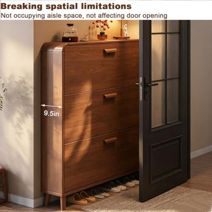 Slim Wall-Mounted Shoe Cabinet with Flip Drawers, Adjustable Shelves, 3 Tiers