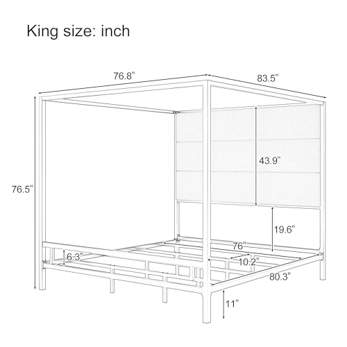 King Canopy Bed with Tall Linen Headboard and Gold Metal Frame - Tan & Gold, King Size